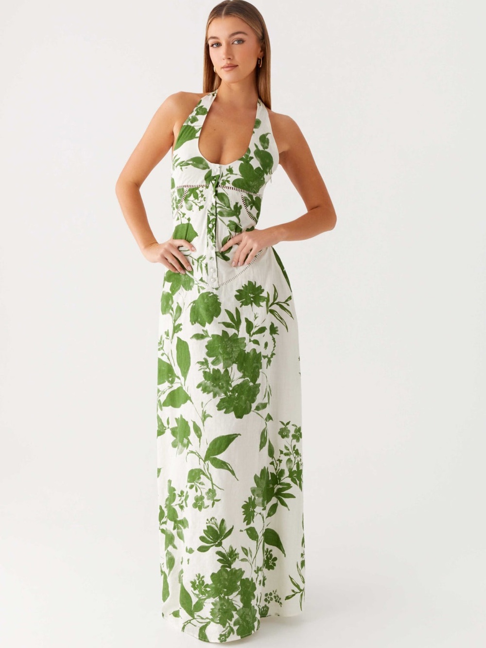 Peppermayo Green Floral Halter Maxi Dress - White & Green - Picture 6 of 13